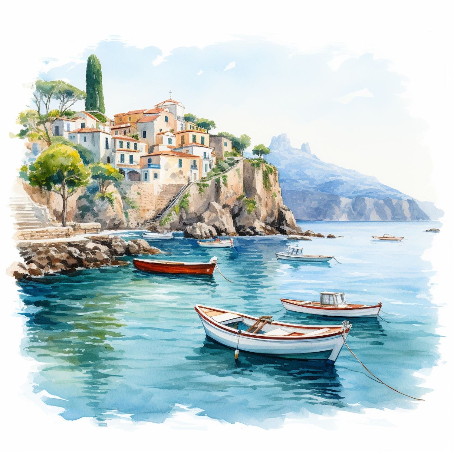 Aquarellillustration der Amalfiküste mit pastellfarbenen Häusern auf steilen Klippen, türkisblauem Meer und kleinen Fischerbooten im Wasser. Mediterrane Sommerstimmung mit klarer Luft, ruhigem Wasser und einer idyllischen Küstenlandschaft.