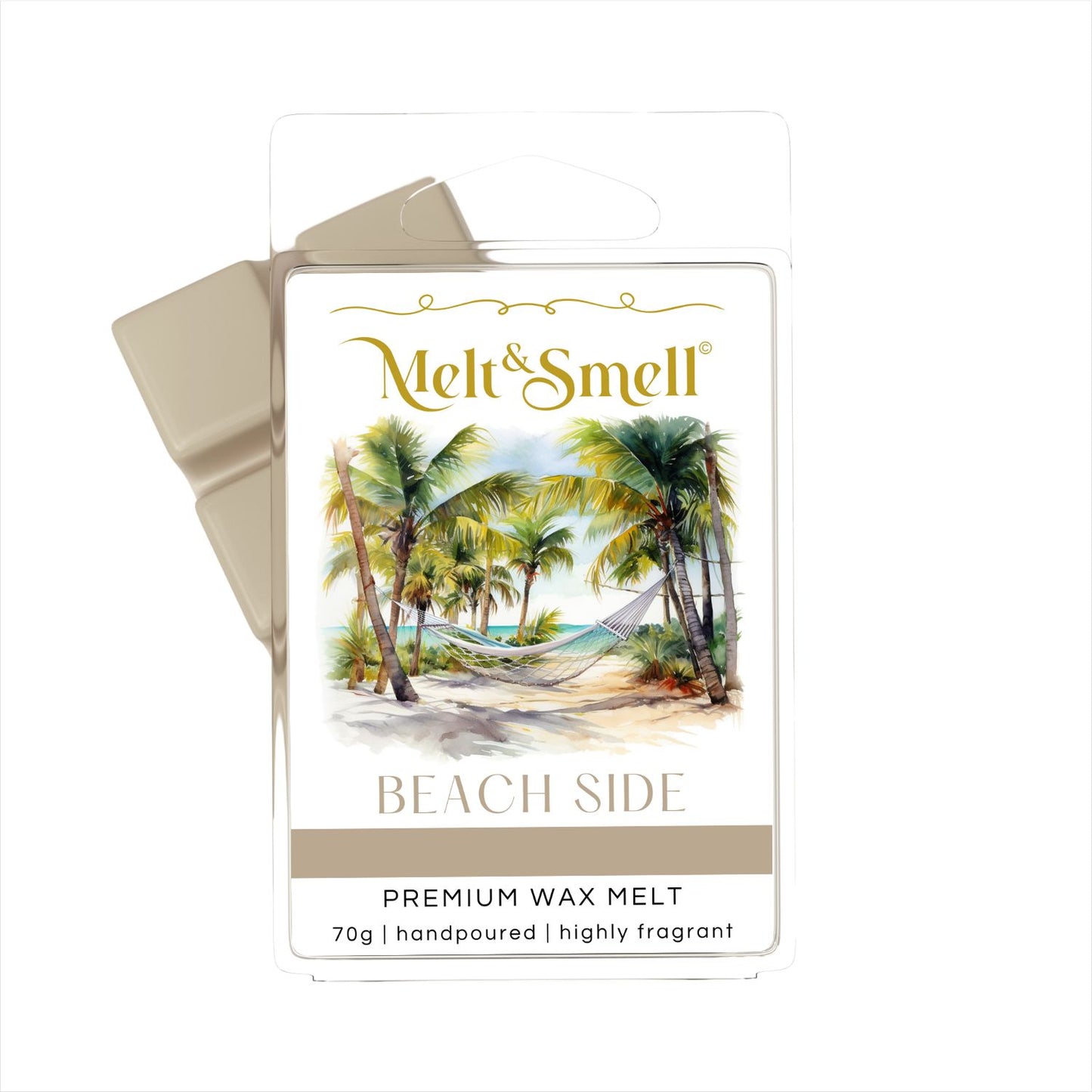 Verpackung eines Duftwachsmelts der Marke "Melt & Smell" mit dem Namen "Beach Side". Die Vorderseite zeigt eine tropische Strandszene mit Palmen, Hängematte und Meer im Hintergrund. Aufschrift: "Premium Wax Melt, 70g, handpoured, highly fragrant".