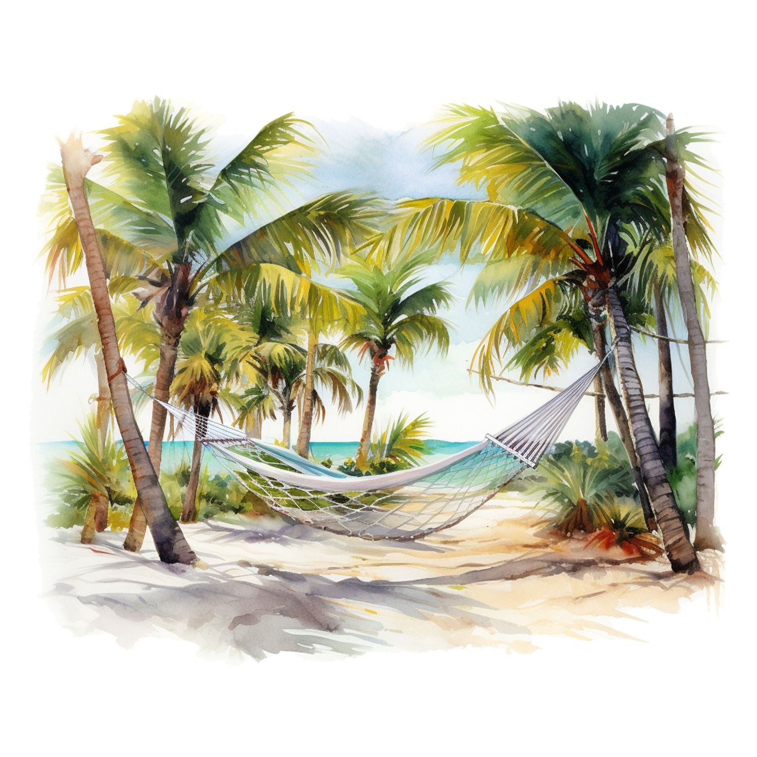 Aquarellzeichnung eines tropischen Strandes mit Hängematte zwischen Palmen, weißem Sand und Blick auf das türkisfarbene Meer – Produktlabel für „Beach Side“ Wax Melt von Melt & Smell. Sonne und Strand, Sun & Sand, Aquarellillustration eines tropischen Strandes mit Palmen, Hängematte und weißem Sand – Etikett für das Duftwachs „Beach Side“, ein sommerliches Wax Melt mit Sonnencreme-Duft, handgegossen in Österreich. neuer Sommerduft.