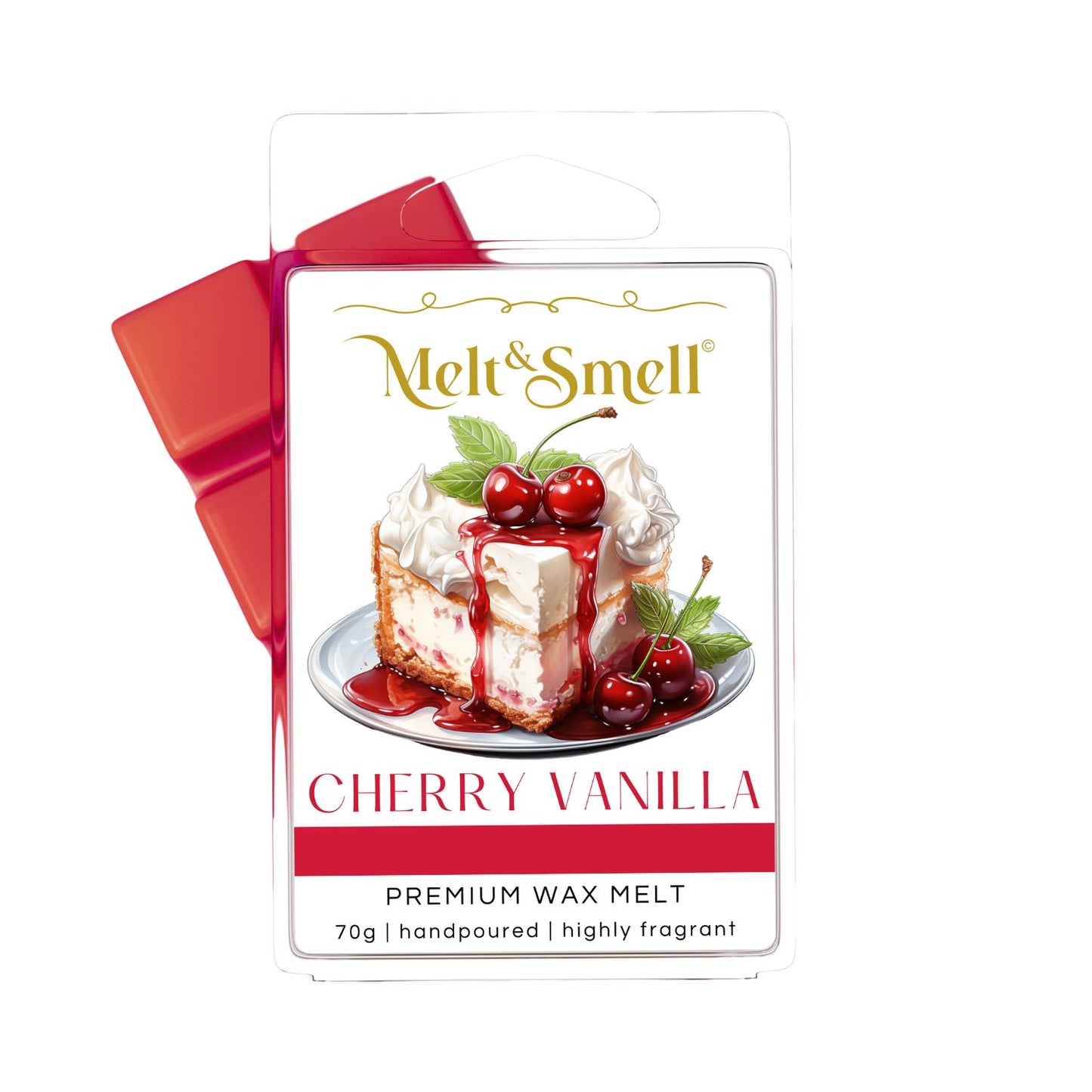 Verpackung eines handgegossenen Premium-Wachsmelts, Duftwachs, Wax Melt, Dufttart, Duftmelt der Marke 'Melt & Smell' mit dem Duft 'Cherry Vanilla'. Auf dem Etikett ist ein Stück Kirsch-Vanille-Kuchen mit Sahne, Kirschsoße und frischen Kirschen auf einem Teller dargestellt. Die Verpackung enthält rote Wachsblöcke, 70 g, stark duftend.