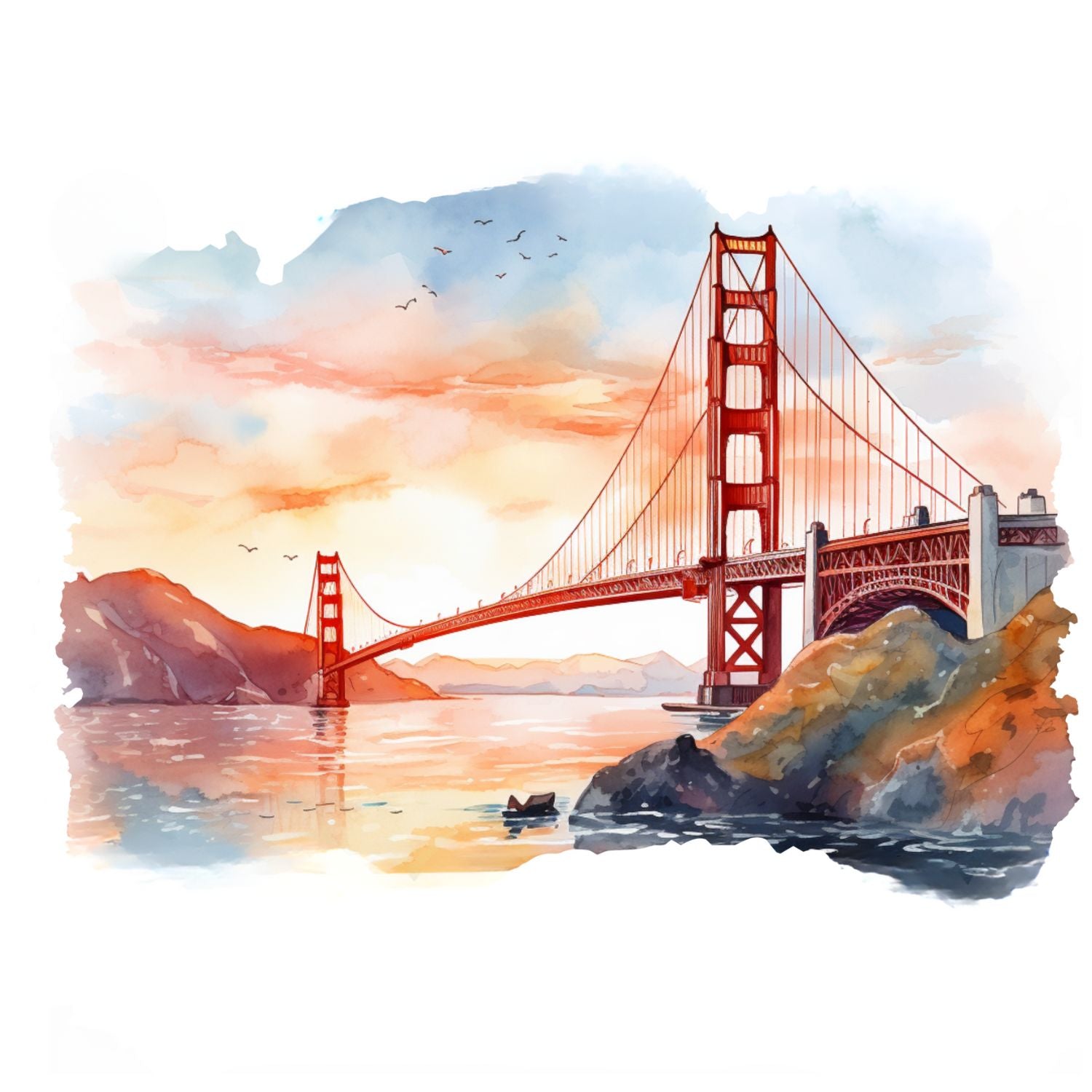 Ein Aquarellgemälde der Golden Gate Bridge bei Sonnenuntergang. Die berühmte rote Brücke erstreckt sich über eine Bucht, umgeben von dunklen, bergigen Küstenlinien. Der Himmel ist in sanften Orange-, Rosa- und Blautönen gehalten, mit einigen kleinen Vögeln, die im oberen linken Bereich fliegen, und die untergehende Sonne ist am Horizont sichtbar. Das Wasser spiegelt die Farben des Himmels wider. Golden Gate Sunset Duftwachs Waxmelt.