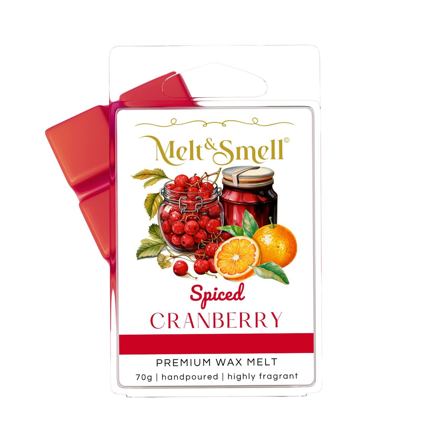 Verpackung eines handgegossenen Premium-Wachsmelts, Duftwachs, Wax Melt, Dufttart, Duftmelt der Marke 'Melt & Smell' mit dem Duft 'Spiced Cranberry'. Auf dem Etikett sind ein Glas mit Cranberries, ein Glas Marmelade und eine halbierte Orange mit Blättern abgebildet. Die Verpackung zeigt rote Wachsblöcke, 70 g Inhalt, hoch duftend.