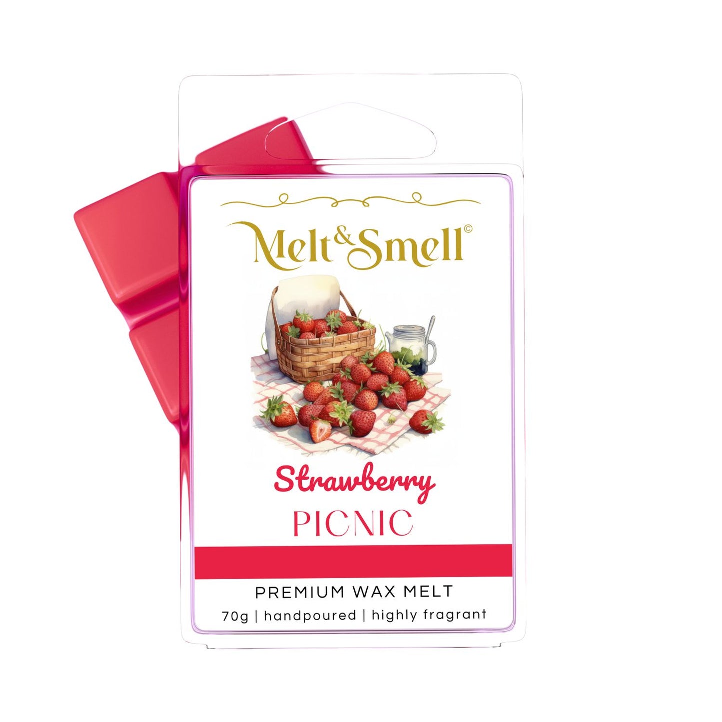 Verpackung eines handgegossenen Premium-Wachsmelts, Duftwachs, Wax Melt, Dufttart, Duftmelt der Marke 'Melt & Smell' mit dem Duft 'Strawberry Picnic'. Auf dem Etikett sind ein Picknickkorb, zahlreiche Erdbeeren auf einer Decke sowie ein Glasgetränk mit Strohhalm und Minze abgebildet. Die Verpackung zeigt rote Wachsblöcke, 70 g Inhalt, stark duftend.
