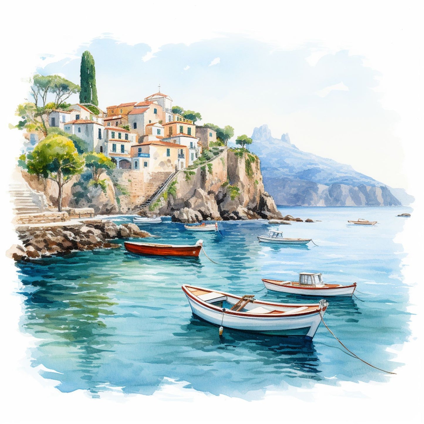 Aquarellillustration der Amalfiküste mit pastellfarbenen Häusern auf steilen Klippen, türkisblauem Meer und kleinen Fischerbooten im Wasser. Mediterrane Sommerstimmung mit klarer Luft, ruhigem Wasser und einer idyllischen Küstenlandschaft.