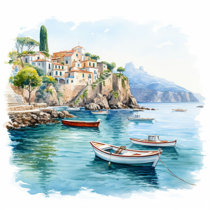 Aquarellillustration der Amalfiküste mit pastellfarbenen Häusern auf steilen Klippen, türkisblauem Meer und kleinen Fischerbooten im Wasser. Mediterrane Sommerstimmung mit klarer Luft, ruhigem Wasser und einer idyllischen Küstenlandschaft.
