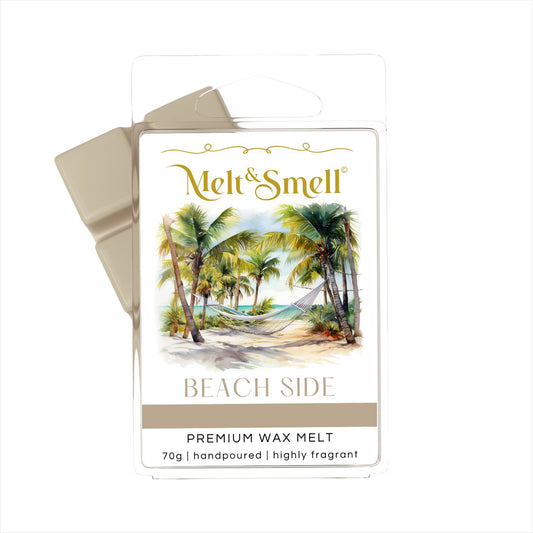 Verpackung eines Duftwachsmelts der Marke "Melt & Smell" mit dem Namen "Beach Side". Die Vorderseite zeigt eine tropische Strandszene mit Palmen, Hängematte und Meer im Hintergrund. Aufschrift: "Premium Wax Melt, 70g, handpoured, highly fragrant".