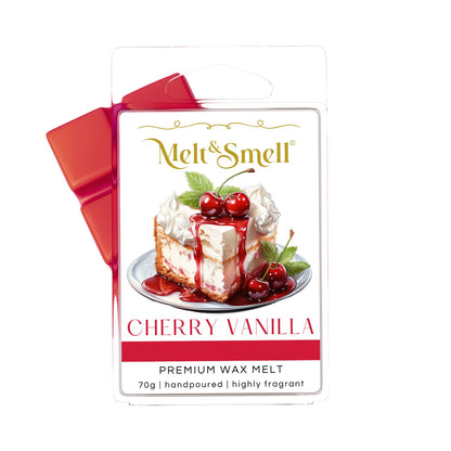 Verpackung eines handgegossenen Premium-Wachsmelts, Duftwachs, Wax Melt, Dufttart, Duftmelt der Marke 'Melt & Smell' mit dem Duft 'Cherry Vanilla'. Auf dem Etikett ist ein Stück Kirsch-Vanille-Kuchen mit Sahne, Kirschsoße und frischen Kirschen auf einem Teller dargestellt. Die Verpackung enthält rote Wachsblöcke, 70 g, stark duftend.
