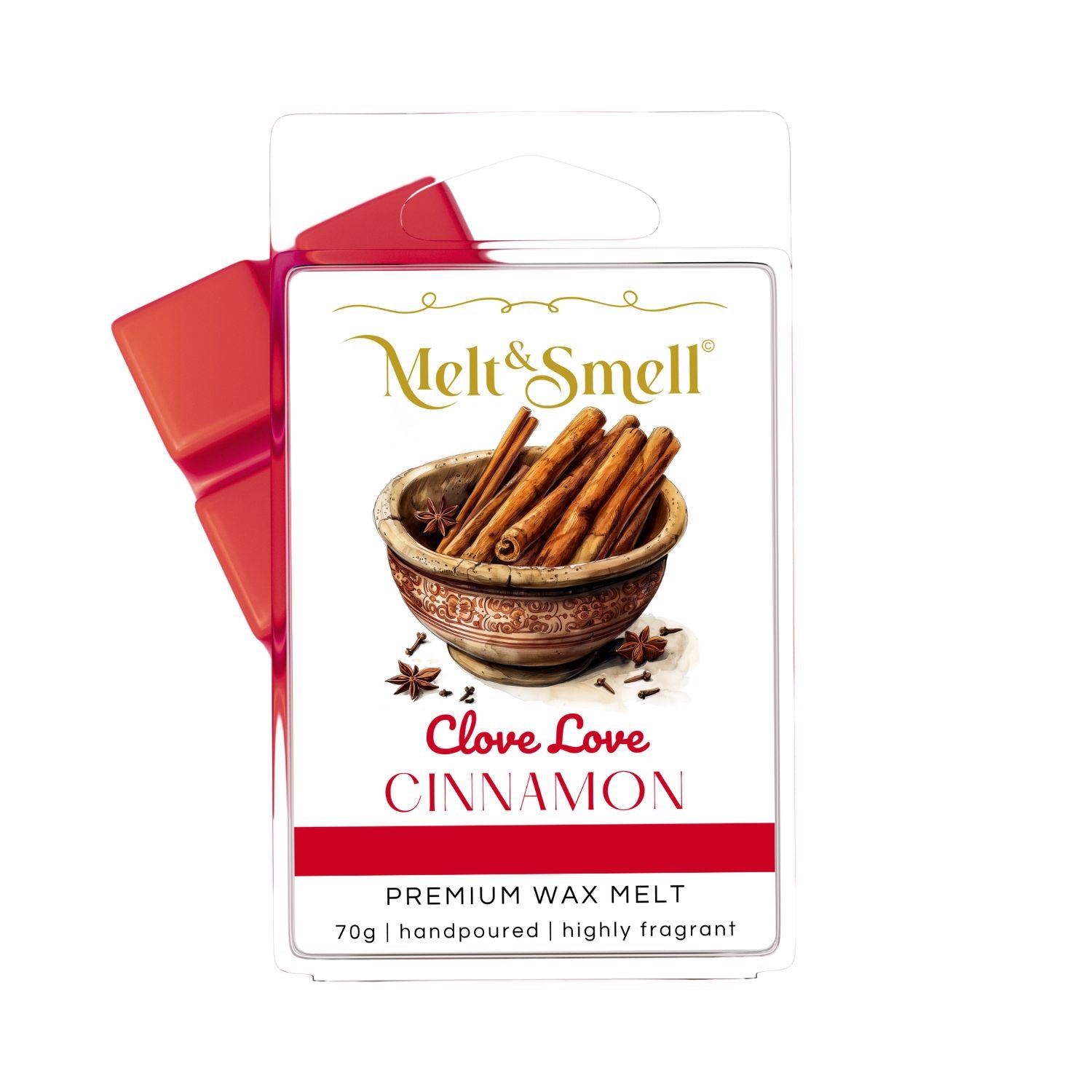 Verpackung eines handgegossenen Premium-Wachsmelts Duftwachs, Wax Melt, Dufttart, Duftmelt der Marke 'Melt & Smell' mit dem Duft 'Clove Love – Cinnamon'. Auf dem Etikett ist eine dekorative Schale mit Zimtstangen sowie verstreuten Gewürznelken und Sternanis abgebildet. Die Verpackung enthält rote Wachsblöcke, 70 g, intensiv duftend.