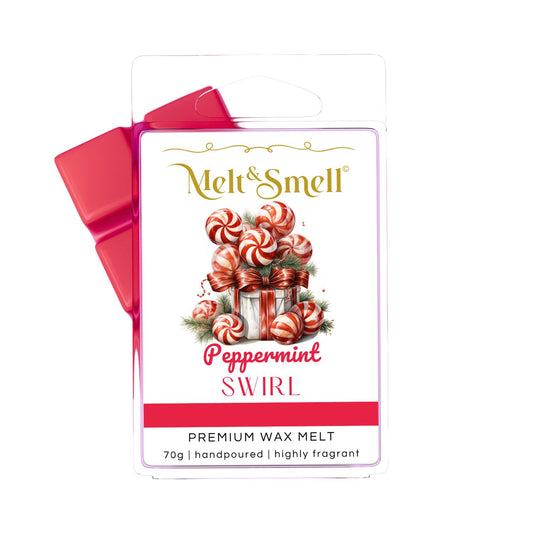 Peppermint Swirl, Candy Cane Duftwachs – handgegossenes Wax Melt mit frischem Pfefferminz-, Zitrus- und Vanilleduft, festlicher Raumduft für Weihnachten und Winterzeit. Neu im Melt & Smell Duftwachs Shop.  