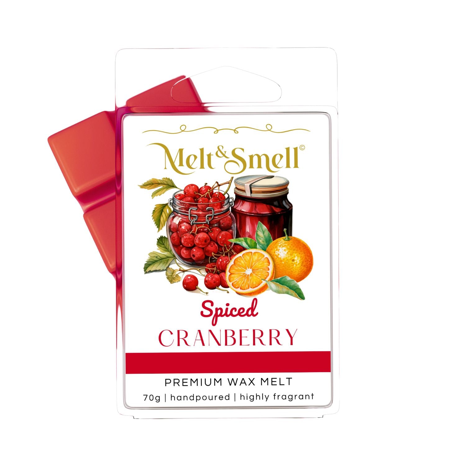 Verpackung eines handgegossenen Premium-Wachsmelts, Duftwachs, Wax Melt, Dufttart, Duftmelt der Marke 'Melt & Smell' mit dem Duft 'Spiced Cranberry'. Auf dem Etikett sind ein Glas mit Cranberries, ein Glas Marmelade und eine halbierte Orange mit Blättern abgebildet. Die Verpackung zeigt rote Wachsblöcke, 70 g Inhalt, hoch duftend.